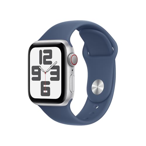 Apple Watch SE GPS + Cellular • Caixa prateada de alumínio – 40 mm • Pulseira esportiva denim – M/G