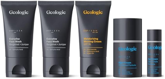 Geologie Complete Skincare Set | 5-Piece 90-Day Supply | Acne, Oil, Dark Spots | Salicylic Acid Face Wash (2 count), 0.2% Retinol Night Cream, SPF15 Niacinamide Moisturizer, Dark Circle Eye Cream