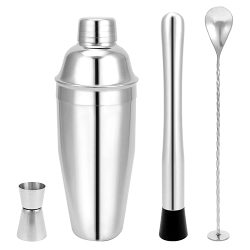 QWORK 24oz Cocktail Shaker Set, Stainless Steel Martini Shaker with Built-in Strainer, Muddler, Jigger, Mixing Spoon & Recipe Boo, Ideal for Home Bar Enthusiasts