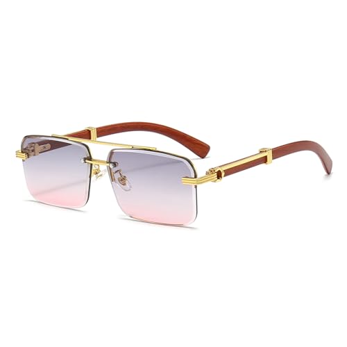 WHHJM Mens Fashion Rimless Rectangle Sunglasses for Man Frameless Square Glasses Gradient Tinted UV400 Lens (Gold/Grey&Pink)