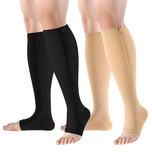 Zipper Compression Socks Open Toe 15-20mmHg for Women&Men 2 Pairs Knee High Support Socks for Running Cycling