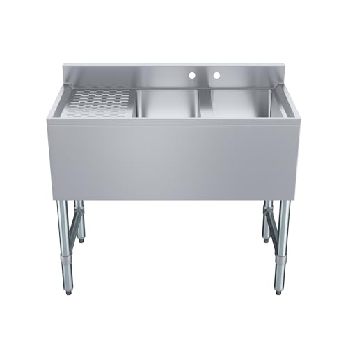 Image of AmGood 36 in. x 19 in. Two Compartment Under Bar Sink With 12 in. Right Drainboard | Stainless Steel Commercial Two Bowls Underbar Sink NSF.