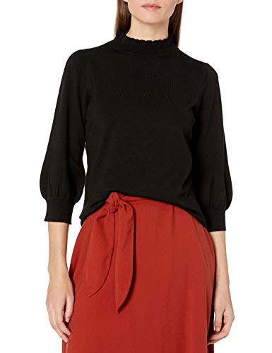 Amazon Brand - Lark & Ro Women's Three Quarter Balloon Sleeve Ruffle Mock Neck Sweater, Black, L