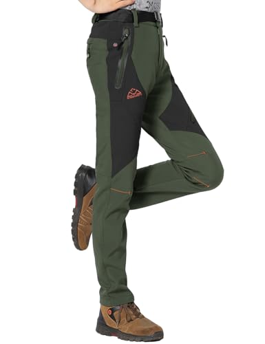 donhobo Damen Gefüttert Winterhose Wasserdicht Winddicht Atmungsaktiv Warm Verdickte Softshellhose Frühling Herbst Wanderhose Outdoorhose (Grün, XL)
