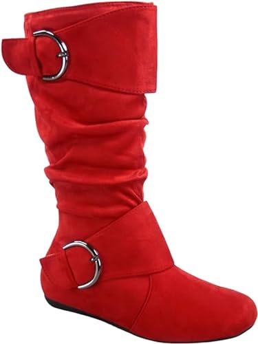 Image of Forever Link Women's Klein-70 Closed Round Toe Buckle Slouch Flat Heel Mid-Calf Boot