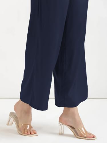 Image of GRECIILOOKS Linen Ankle Length Casual Trousers for Women | Regular Fit Linen Pants with Elastic Closure | Summer Loose Fit Daily Outfit Pants for Women