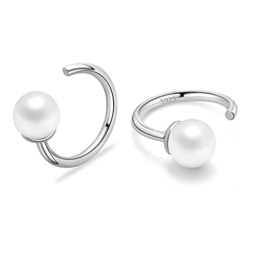 Image of CHIC & ARTSY 925 Sterling Silver Half Hoop Earrings for Women, Small Huggie Hoops Set with Ball Bar Star Moon Cross & Pearl, Lightweight Comfort Fit Everyday & Sleep Earrings