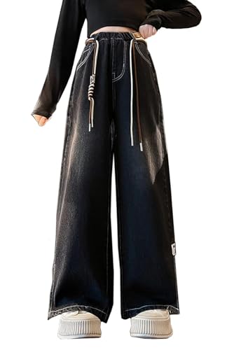 Welity Girls Jeans Denim Elastic Wasit Wide Leg Pants with Pocket 4-14 Years