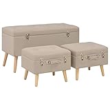 Las patas de madera maciza no solo hacen que estos reposapiés sean duraderos, sino que además les añaden un toque de elegancia. Los taburetes cuentan con un compartimento de almacenamiento debajo del asiento donde guardar lo que quiera. Los taburetes son fáciles de montar. La entrega incluye 1 taburete grande y 2 taburetes pequeños.