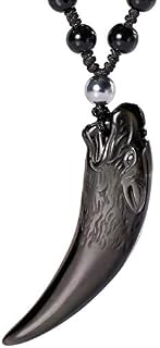 Jewboo Black Obsidian Simple Style Wolf Tooth Necklace Natural Stone Healing Crystal Pendant with Extend Bead Chain Unisex