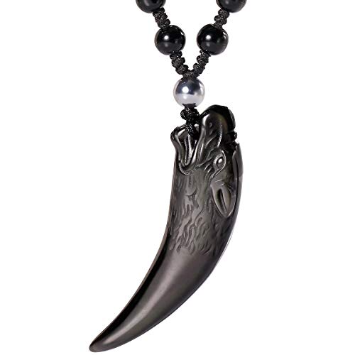 Jewever Collar de diente de lobo de estilo simple, colgante de cristal curativo de obsidiana negra con cadena de cuentas extensible, unisex