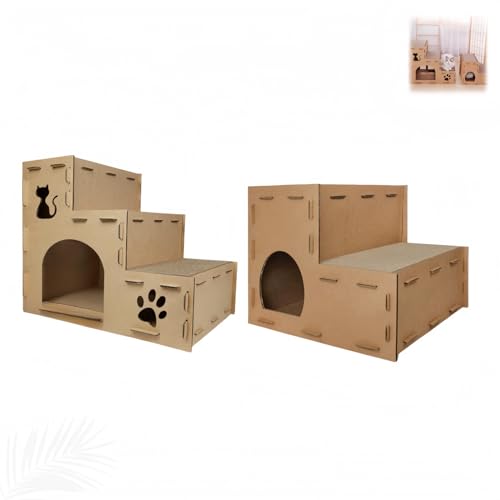 猫爪とぎ キャットハウス 3段式 ダンボール製 爪とぎ兼ベッド キャットタワー 組み立て簡単 ストレス軽減 運動不足解消 昼寝場所に最適 (s+m,木の色)