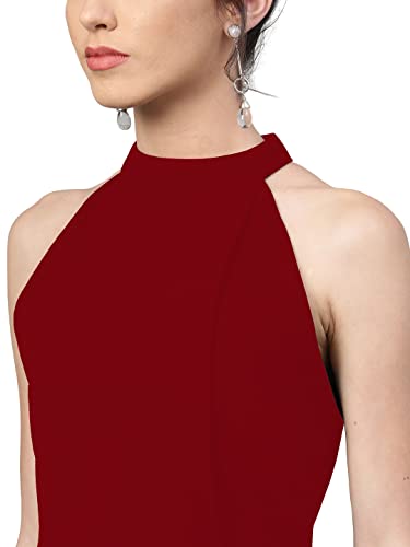 Image of Shasmi Women's Comfortable Red Halter Neck Sleeveless Solid Midi Bodycon Casual Western Stylish Dress