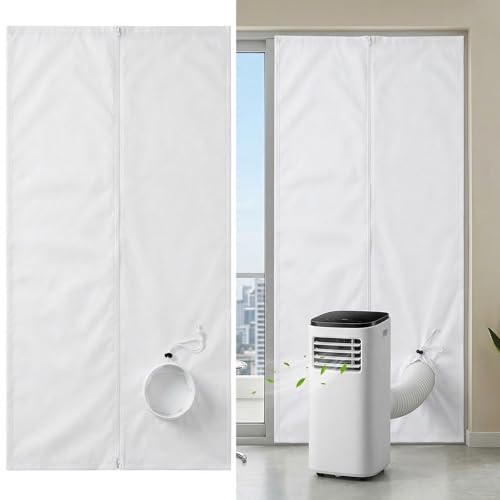 Qoosea Portable Air Conditioner Window & Door Seal Kit with Drawstring Port 90x210cm Includes 7m Hook & Loop Tape for Sliding Doors & Windows