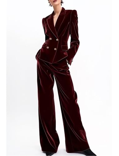 Women's Velvet Suit 2-Piece Set Casual Business Office Double Breasted Jacket and Pants3