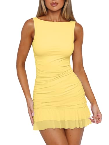 HOCILLE Women's Sexy Bodycon Boat Neck Mini Dresses Sleeveless Ruched Ruffle Hem Club Party Short Dress, Medium, Yellow