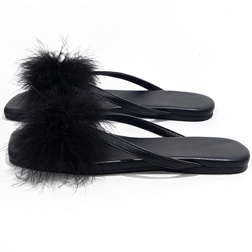 Women'S Fuzzy Square Toe Open Flat Slide Sandals With Memory Foam Strappy Slip On Soft Sole Non Slip Furry Dressy Flat Sandals Summer Daily Outdoor Indoor House Slippers