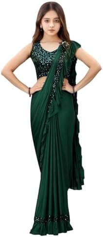 Dhyey fashion Girl's Lycra Silk Blend Ready To Wear Ethnic Ruffle Saree with Heavy Velvet Unstitched Blouse Piece and 0.80 Centimeter Blouse | Readymade Saree For Girl | Sarees For Girls