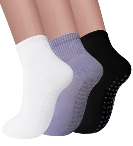 Elapse Space 3 pares de calcetines de pilates con agarres para mujer, antideslizantes, para yoga, 3 pares: blanco/negro/morado, Talla única