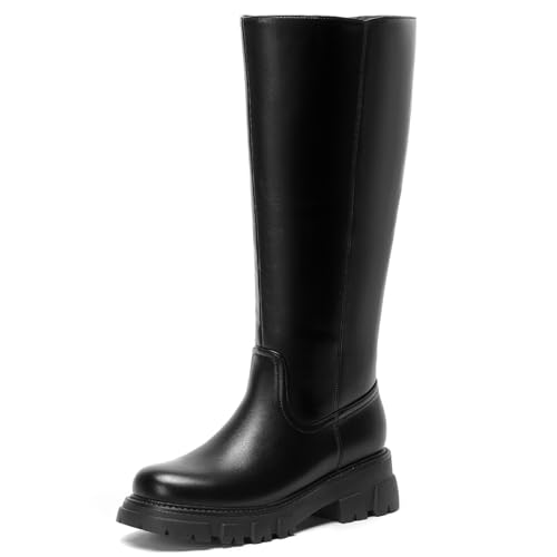 CouieCuies Women's Knee High Boots Black Tall Boot Lug Sole Shoes Below the Knee Comfortable Chunky Platform Dressy Boots Zipper