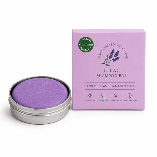 Image of Shunyam Lilac Shampoo Bar for Dull Hair with Coconut Oil, Lavender & Eucalyptus Oils, Glycerine | SLS Free, Nourishing & Natural Care | Eco-Friendly & Vegan | Travel-Friendly Tin Box | 70g
