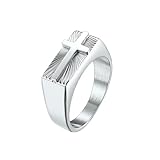 TIEHOKTW Alianzas de boda de plata para hombre con grabado, alianzas de acero inoxidable con cruz, 8 mm de ancho, talla 54 (17,2)