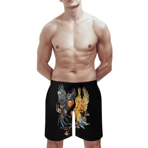 Rooster Chicken Fight Funny Men's Swim Trunks Printed Quick Dry Swimwear Beach Shorts With Pocket2