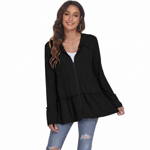 Image of DEESHA Plus Size Zip Up Hoodie for Curvy Women Spring Ruffle Hooded Sweatshirts Jacket Cardigans Lightweight