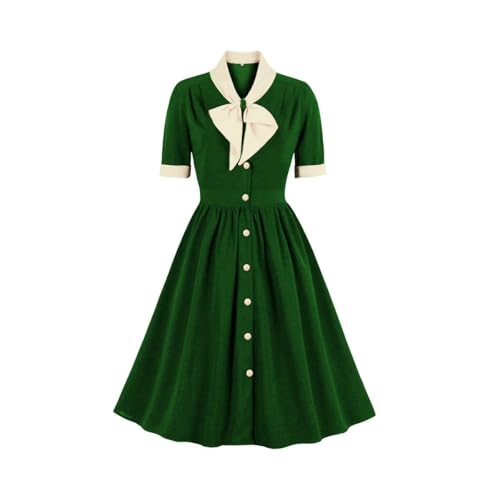 Vintage Damen 1940er Jahre Fliege Hals Kleid Retro 40er 50er Jahre Button Up Business Arbeit A-Linie Cocktailkleider, Grün , Mittel