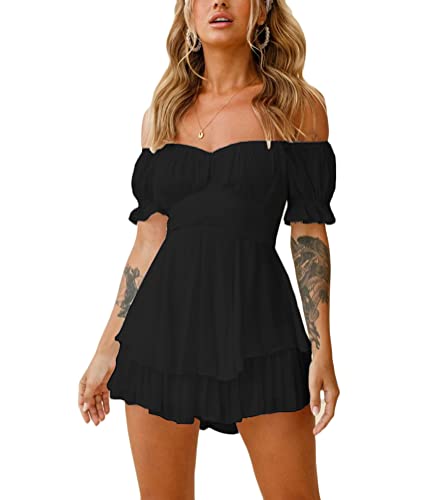 ticticlily Jumpsuits Damen Elegant Kurz Sommer Overalls Sexy Casual Rompers mit Gürtel Hosenanzug Rüschen Schulterfrei Onesie Kurz Hosenrock High Waist Freizeitkleid Minikleid Schwarz M Cover