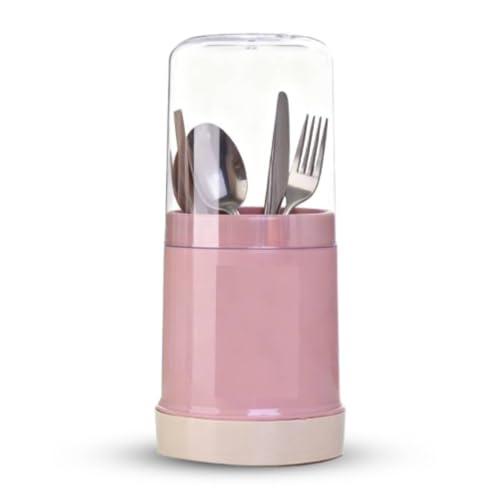 Kitchen Utensil Holder with Cover, Covered Cutlery and Utensil holder, Wall Mounted Countertop Plastic Silverware Holder Utensil Drying Rack for Cutlery, Chopstick, Spoons, Forks, (Rose)