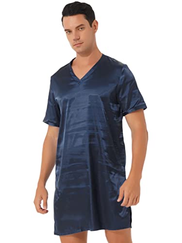 Hedmy Sleepwear Mens Silk Satin Nightshirt Short Sleeve Pajamas Nightgown Night Shirts Loungewear4