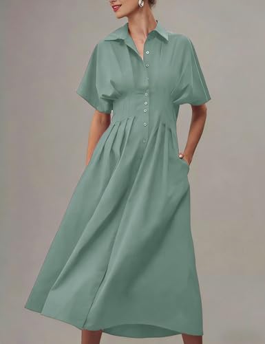 Image of Yeokou Shirt Dress for Women Summer Casual Short Sleeve Button Down Loose Pleated Maxi Sundress with Pockets