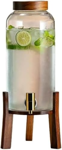 AOBOPO ドリンクカップディスペンサー 蛇口付き飲料水差し ガラス 大容量 3L/4L/5L/6L 木製蓋蛇口+無垢材ベース 耐熱ガラス 家庭用貯水 冷水差し冷水筒 フルーツティー 冷たい飲み物 ジュースバケツ 保存容器 梅酒 ジュース ビール 密閉缶