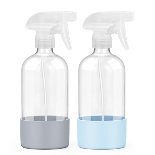 Comparison: Best Glass Spray Bottles For Cleaning 4 Worldgsb 2 Pack Glass Spray Bottles with Silicone Sleeve, 16 oz Empty Refillable Containers with Adjustable Spray Nozzles, Spray Bottles for Hair, Cleaning Solutions and Plants Blue&Grey