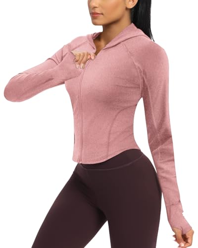 Terecey Sudadera Deportiva Mujer con Capucha y Agujeros para el Pulgar Chaqueta Ajustada de Manga Larga para Running Fitness y Uso Diario