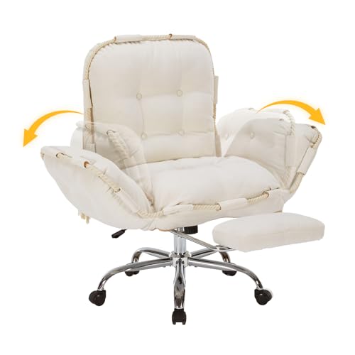 CJDSEC Comfortable Criss Cross Office Chair with Foot Rest Flip Armrests Cross Legged Office Chairs for Women Reclining Office Chair Desk Chair Comfy Vanity Chair with Back and Wheels Beige