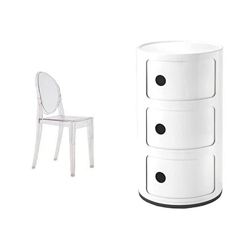 Kartell Victoria Ghost, Set da 4 Sedie, Cristallo & Componibili Contenitore 3 Elementi, ABS, Base Tonda, Bianco, 32 x 32 x 58.5 cm