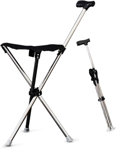 Taburete plegable 2 en 1 – Asiento ligero y portátil para personas mayores – Bastón unisex con trípode – Longitud ajustable