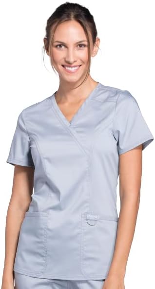 Mock Wrap Scrubs for Women Workwear Revolution, Soft Stretch, Easy Care WW610 X-Small Grey