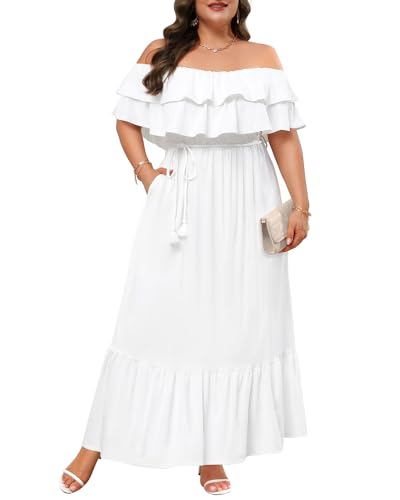 Plus Size Off The Shoulder Maxi Long Casual Layered Ruffle Beach Sundress Women Pocket 2024