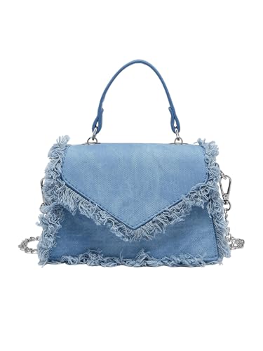 Image of QWINEE Women's Fringe Hobo Bag Tassel Trim Small Denim Bag Vegan Suede Tassel Hippie Crossbody Bag
