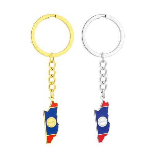 ZENRUIMING Lot de 2 porte-clés Belize - Carte du Belize avec couleurs de drapeau, style ethnique en acier inoxydable (doré/argent), cadeau souvenir pour homme et femme