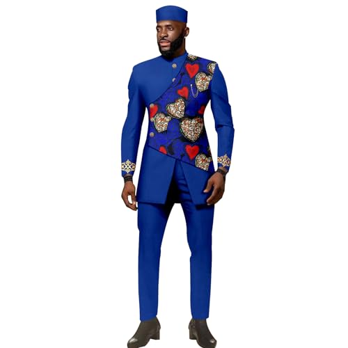 Men`s Suit Embroidery Double Breasted Print Blazer Trousers and Hat Set Formal Outfits African Clothes Wedding