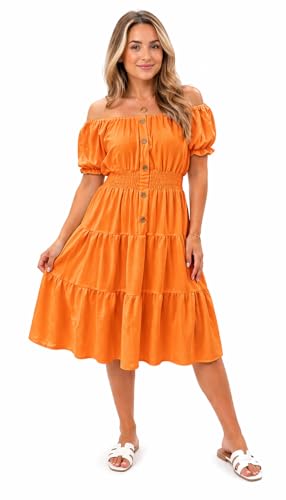 Image of Women's Off Shoulder Midi Dress Summer Smocked Waist Button Front Tiered Swing Dress Short Puff Sleeve Casual Holiday Dress One Size (12- 30) (UK, Numeric, 12, 30, Regular, Regular, Orange)