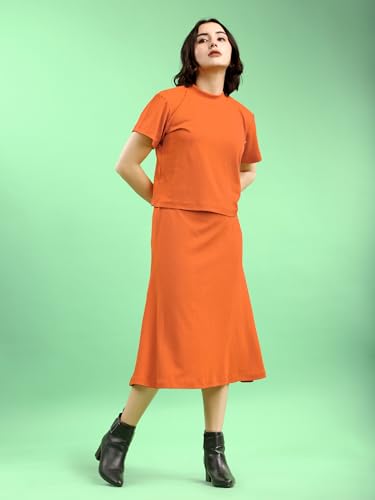 Image of PURVAJA Women's Short Sleeve Top with Skirt Solid Co-ords Set