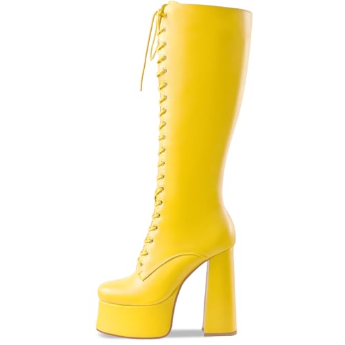 Women's High Chunky Heel Platform Knee High Boots Fashion Leather Lace Up Heeled Long Boots Wide Calf2