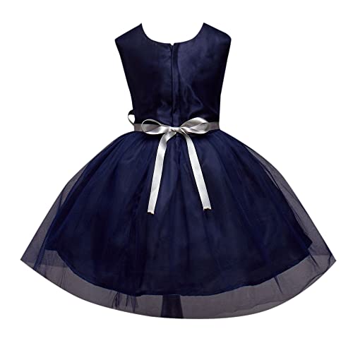 Image of Hopscotch Baby Girls Polyester Blend Sequins Sleeveless Dress Frock with Lace Bow Applique in Navy Color