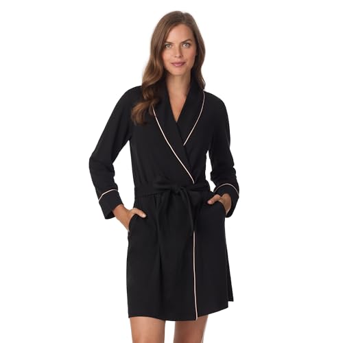 Anne Klein Bata de baño de manga larga hasta la rodilla para mujer, ligera y transpirable, de mezcla de algodón, acogedora ropa de descanso diaria, Negro, XS
