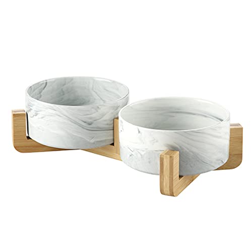 QFULL Keramik Hundenapf Futternapf mit Bambus Halter Ständer für Katzen und Hunde,Keramiknapf Futterschale für Haustiere,850ml (Marmor Grau x 2) Cover